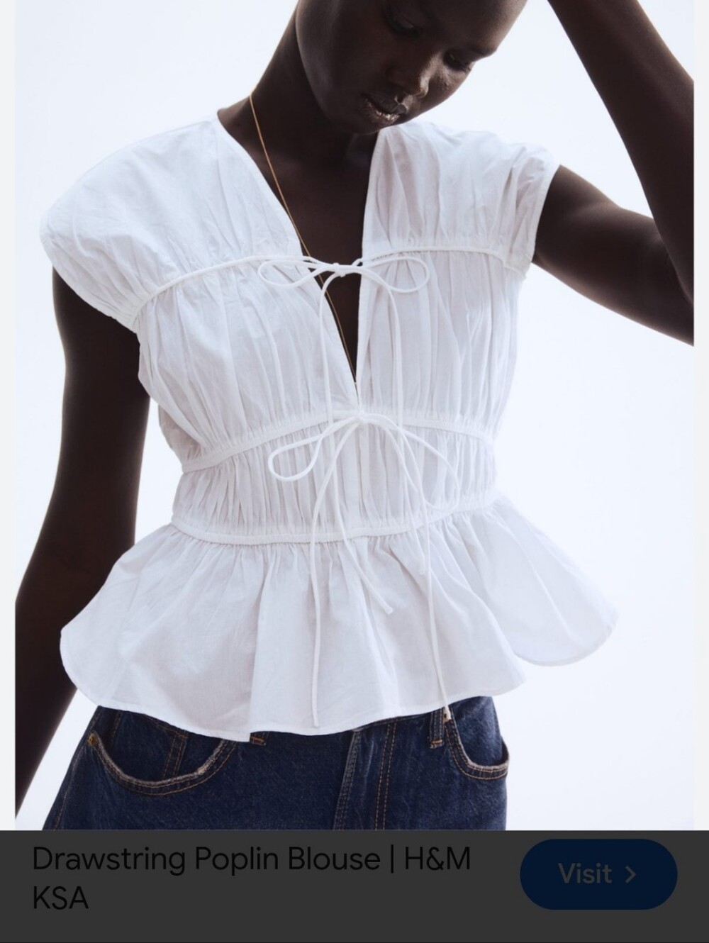 H&M White Drawstring Poplin Tie-Front Blouse Peplum Top
